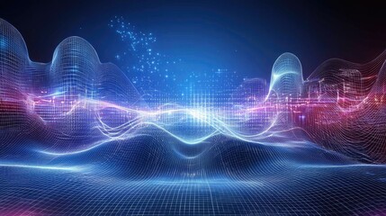 Abstract digital landscape showcasing vibrant waves of light and data in a futuristic setting