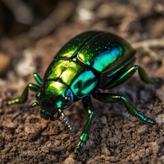 Fototapeta premium Nature's Shimmer: The Elaphrus viridis Beetle Up Close