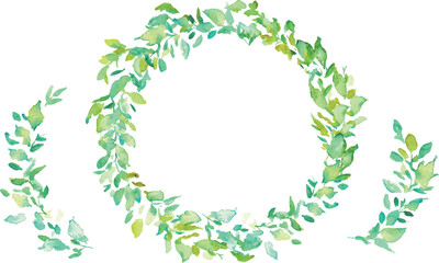 水彩画。水彩タッチのユーカリのベクターイラスト。水彩で描いた葉っぱの装飾フレーム。Watercolor painting. Vector illustration of eucalyptus with watercolor touch. Decorative frame with leaves painted in watercolor.