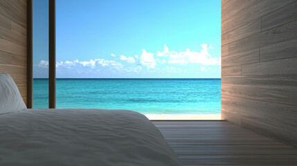 Large Beachside Bedroom with Open Windows Overlooking Beautiful Ocean View and Clear Sky
