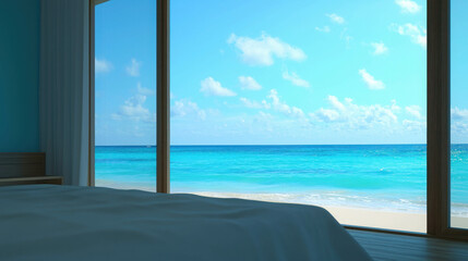 Fototapeta premium Bright Beachside Bedroom with Large Open Windows Offering Stunning Ocean Views