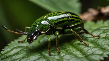 Naklejka premium Nature's Illusionist: The Elaphrus Viridis Beetle Camouflaged in Foliage