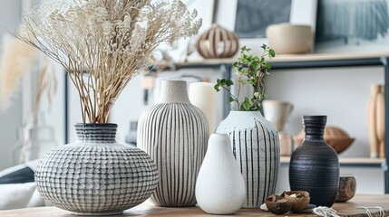 Fototapeta premium Elegant Ceramic Vases with Plants and Dried Flowers