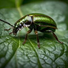 Naklejka premium The Hidden Wanderer: Elaphrus Viridis Beetle Amongst Leaves
