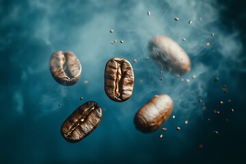 Naklejka premium Coffee Beans in Mid-Air with Steam