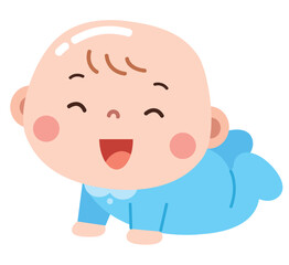 Fototapeta premium A cheerful and adorable cartoon illustration of a baby in a blue onesie, happily crawling with a big smile