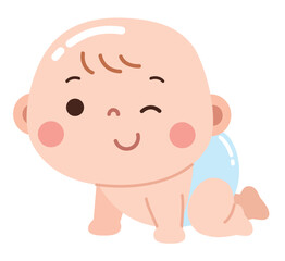 A cute and cheerful cartoon illustration of a baby in a crawling position, wearing a light blue diaper.