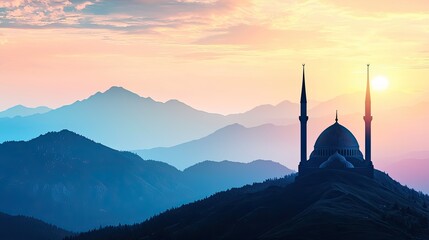 Majestic mosque silhouette at sunset with mountains in the background, serene atmosphere