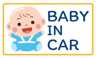 A cheerful and adorable cartoon illustration of a smiling baby in a blue outfit, featured on a 