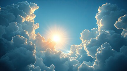 Bright sun emerging from fluffy clouds in a serene sky, symbolizing hope and tranquility