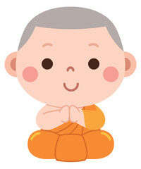 Obraz premium A charming and peaceful cartoon illustration of a young novice monk sitting cross-legged with hands joined in a respectful gesture. 
