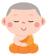 A peaceful and adorable cartoon illustration of a young novice monk sitting in a meditative posture, dressed in traditional orange robes.