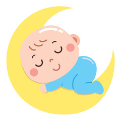A cute and dreamy cartoon illustration of a baby peacefully sleeping on a yellow crescent moon.