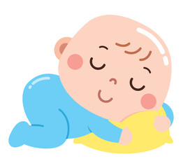 A sweet cartoon illustration of a peaceful baby sleeping on a soft yellow pillow, dressed in a cozy blue outfit.