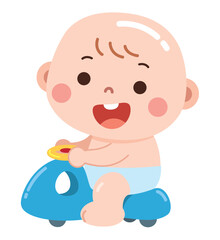 An adorable cartoon illustration of a happy baby sitting on a small blue toy car, joyfully holding the steering wheel.