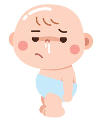 A cute but sad cartoon illustration of a baby feeling unwell, with a runny nose and a tired expression.
