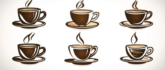 Obraz premium Six steaming coffee cups on saucers