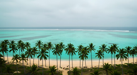 Fototapeta premium Idyllic tropical beach paradise with swaying palms and turquoise water vista