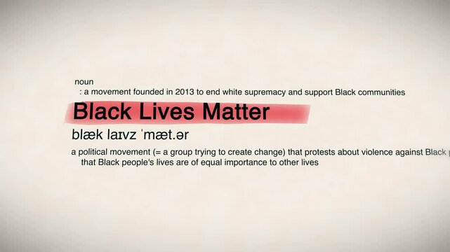 "Black Lives Matter" word appearing in a dictionary animation. Represents social justice, equality, and activism