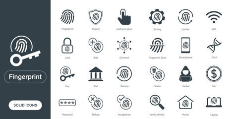 Solid vector icons related to fingerprint, biometric security, authentication, and fingerprint scanning.