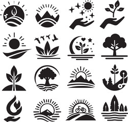 Naklejka premium Nature icons sun, mountains, trees, plants, birds.