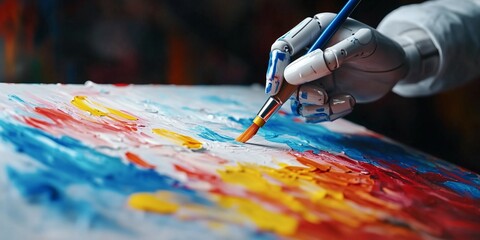 Obraz premium Captivating Close-Up of a Dark AI Robot's Mechanical Hand Creating a Vibrant Peacock Portrait on a Luxurious Background with Brush Pen | Innovative AI Design Concept