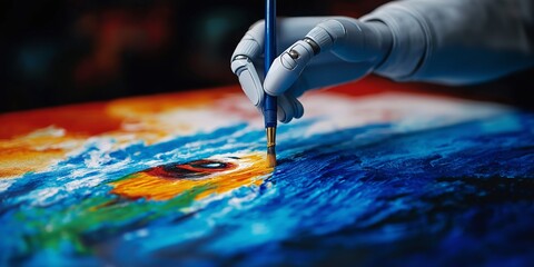 Obraz premium Intricate AI Robot Mechanism Drawing a Colorful Peacock Portrait with Brush Pen Against Dark Luxury Background - An Innovative Fusion of Technology and Artistry