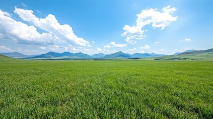 Fototapeta premium Sunny day, green field, mountain range backdrop. Peaceful landscape, ideal for travel brochures