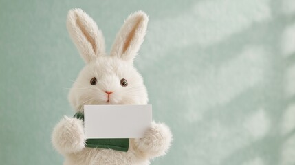 Obraz premium Charming Close-Up of an Easter Bunny's Paw Holding a Blank Easter Card with Festive Decorations Surrounded by Blurred Bokeh Background - Perfect for Holiday Greetings and Celebrations