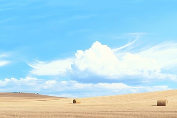Obraz premium Beautiful wide field with hay bales and a blue sky
