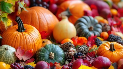 A vibrant arrangement of various pumpkins, gourds, and colorful autumn leaves showcases the beauty of the fall harvest season, perfect for celebrations.