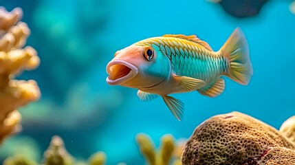Fototapeta premium Colorful Fish With Open Mouth In Coral Reef Aquarium