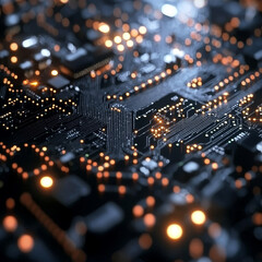 Obraz premium Glowing circuit board pathways, intricate technological detail