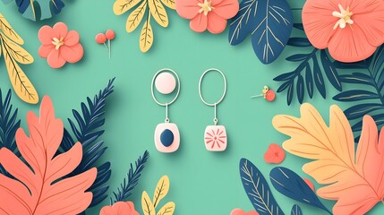 Obraz premium Colorful Floral Earrings Display on Mint Green Background