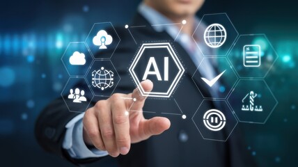 Businessman touching ai icon with networked hexagons and technology backdrop