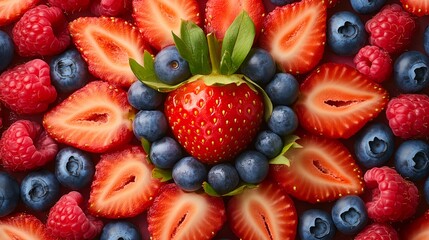 Colorful Fruit Arrangement of Strawberries Raspberries and Blueberries