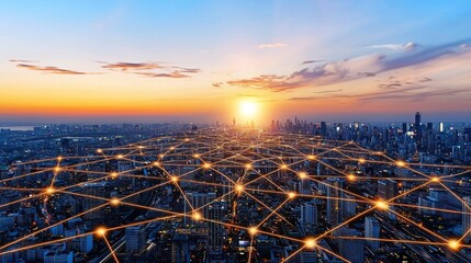 Smart City Sunset: Networked Urban Landscape at Dusk