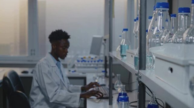 Cient&iacute;ficos trabajando en laboratorio moderno. Hombre en bata de laboratorio usando una computadora mientras observa frascos de vidrio, mientras una mujer cient&iacute;fica organiza los frascos.