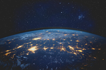 Obraz premium Aerial view of earth at night showcasing city lights and dark landscapes across the globe