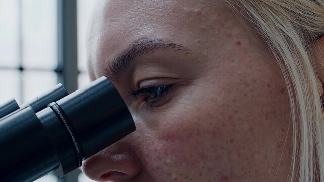 plano detalle de una joven mujer cient&iacute;fica observando una muestra a trav&eacute;s de un microscopio en laboratorio moderno. Enfoque en los lentes del microscopio y la mirada concentrada.