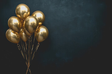 Group of shiny gold balloons floating in the air for celebration and decoration events