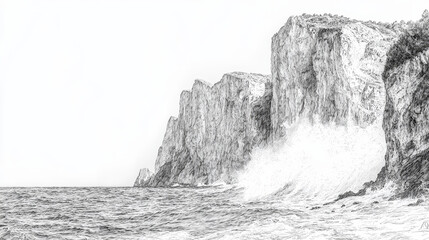Coastal cliffs, monochromatic sketch, dramatic waves crashing against rugged rocks