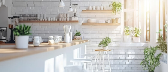 Fototapeta premium Bright cafe interior with white brick walls, wooden shelves, and potted plants