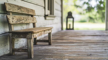 Charming Rustic Farmhouse Front Porch with Weathered Bench and Soft Natural Light