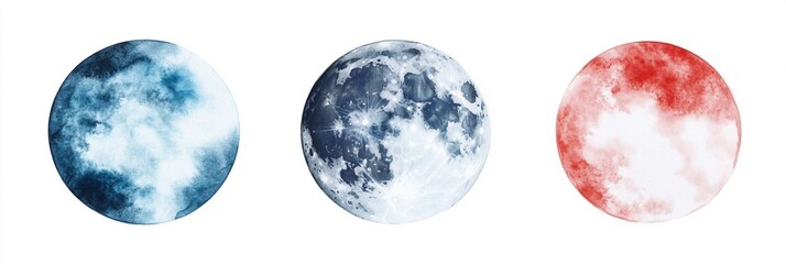 Dreamy Watercolor Moons: Ethereal Textures of Cloudy Blue, Bold Crimson Eclipse, and Luminous Pale Silver on White Background for Celestial-Inspired Branding