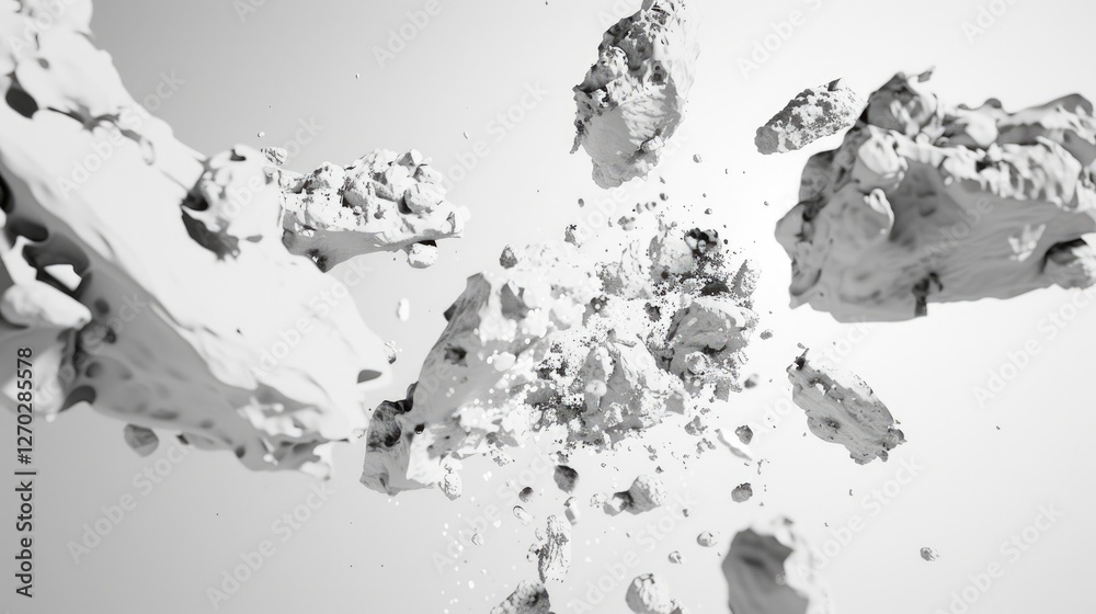 Poster this abstract image features white, dusty particles floating in the air, creating a dynamic visual e