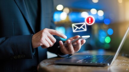 Businessman uses mobile phone while getting urgent email notification