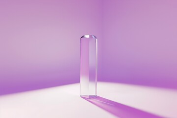 A single large glass prism on a purple background, with light refraction and reflections