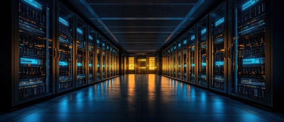 Fototapeta premium Illuminated Server Room: A Glimpse into the Digital Core