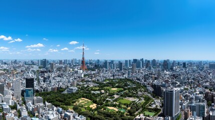 Naklejka premium Tokyo Skyline Panorama: A Breathtaking View of the City's Architectural Marvels under a Clear Blue Sky